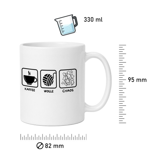 Tasse »Kaffee, Wolle, Chaos – das Leben von WUNSCHNAME«