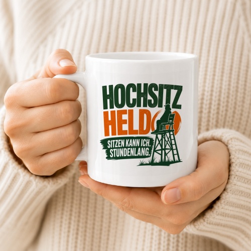Tasse »Hochsitz Held – Sitzen kann ich. Stundenlang.«