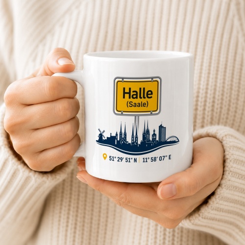 Tasse »Halle (Saale) Skyline & Ortsschild«