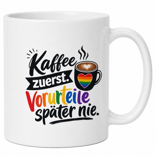 Tasse »Kaffee zuerst. Vorurteile später...