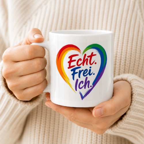 Tasse »Echt. Frei. Ich.« Herz Regenbogen
