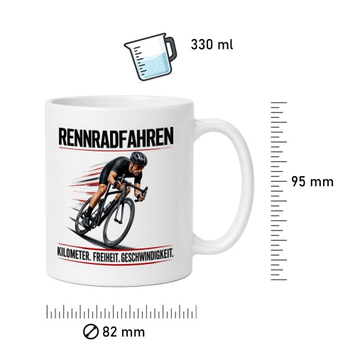 Tasse »Rennradfahren – Kilometer. Freiheit. Geschwindigkeit.«