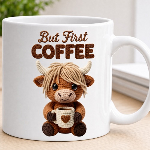 Tasse »But First Coffee« mit Häkel-Kuh-Motiv