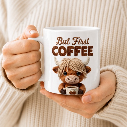 Tasse »But First Coffee« mit Häkel-Kuh-Motiv