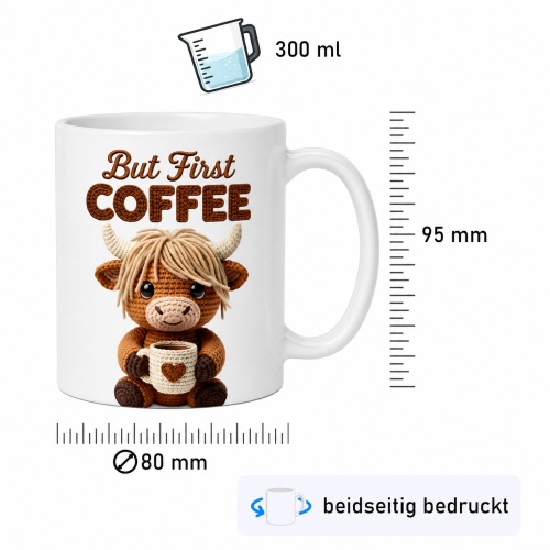 Tasse »But First Coffee« mit Häkel-Kuh-Motiv