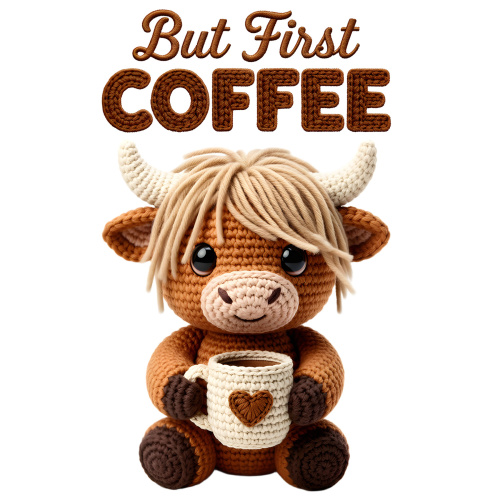 Tasse »But First Coffee« mit Häkel-Kuh-Motiv