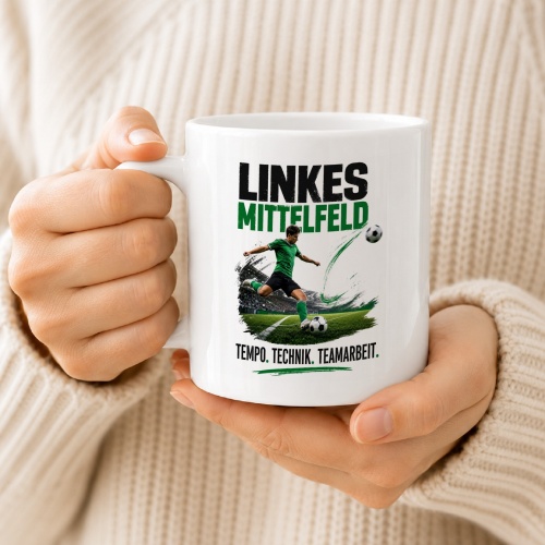 Tasse »Linkes Mittelfeld – Tempo. Technik. Teamarbeit.«