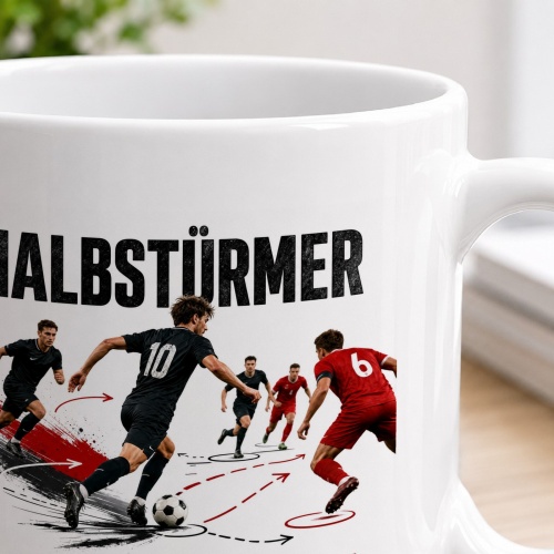 Tasse »Halbstürmer. Beweglich. Kreativ. Torgefährlich.«
