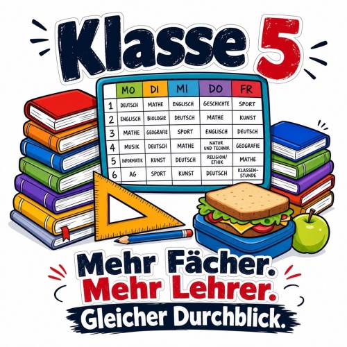 Tasse »Klasse 5 – Mehr Fächer. Mehr Lehrer.«