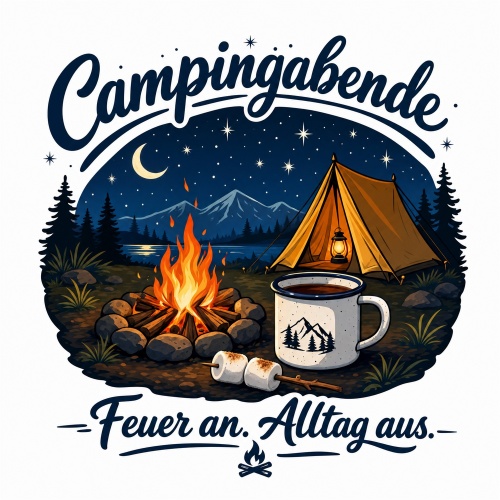 Tasse »Campingabende – Feuer an. Alltag aus.«