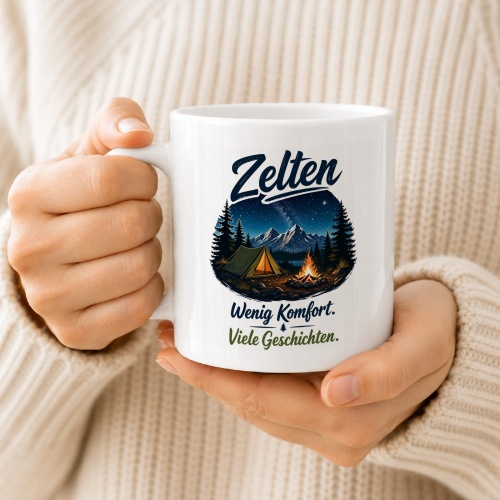 Tasse »Zelten – Wenig Komfort. Viele Geschichten.«