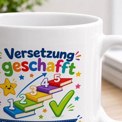 Tasse »Versetzung geschafft – Nächste Klasse. Neues Abenteuer.«