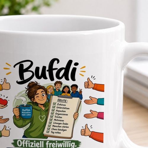 Tasse »Bufdi – Offiziell freiwillig. Praktisch unverzichtbar.«