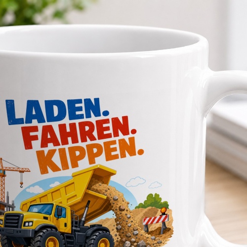 Tasse »Laden. Fahren. Kippen. Baustellenabenteuer voraus!«