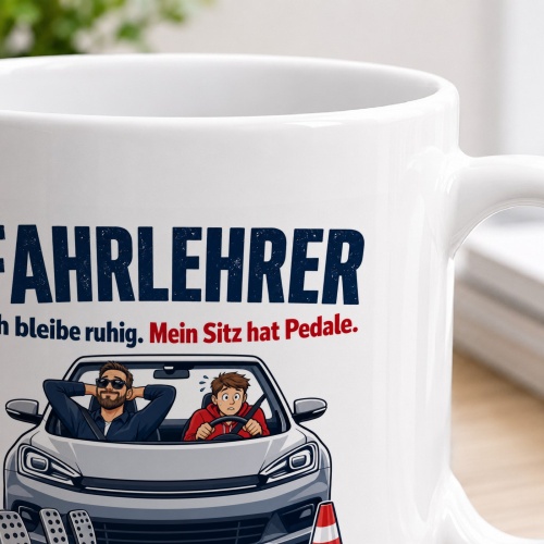Tasse »Fahrlehrer Ich bleibe ruhig. Mein Sitz hat Pedale.«
