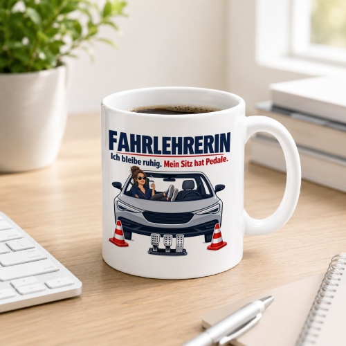Tasse »Fahrlehrerin Ich bleibe ruhig. Mein Sitz hat Pedale.«