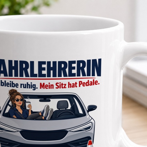 Tasse »Fahrlehrerin Ich bleibe ruhig. Mein Sitz hat Pedale.«