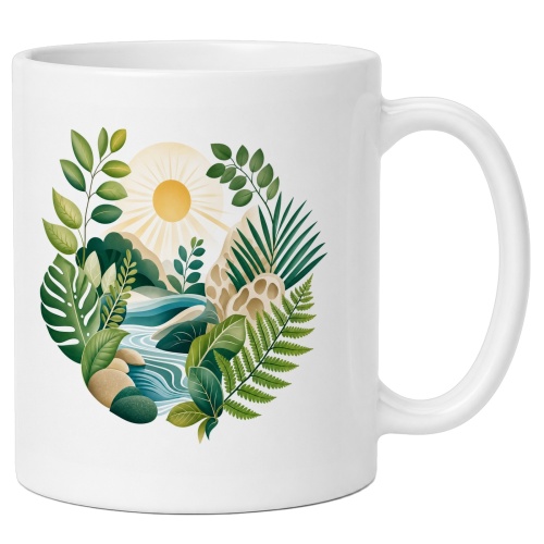 Tasse mit tropischer Pflanzenlandschaft
