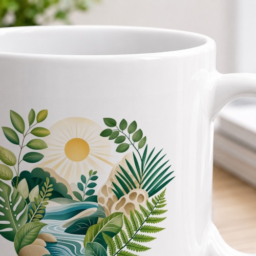 Tasse mit tropischer Pflanzenlandschaft