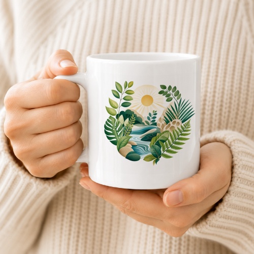 Tasse mit tropischer Pflanzenlandschaft