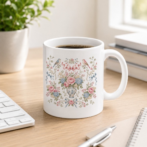 Tasse mit Blumenkranz und Vögeln