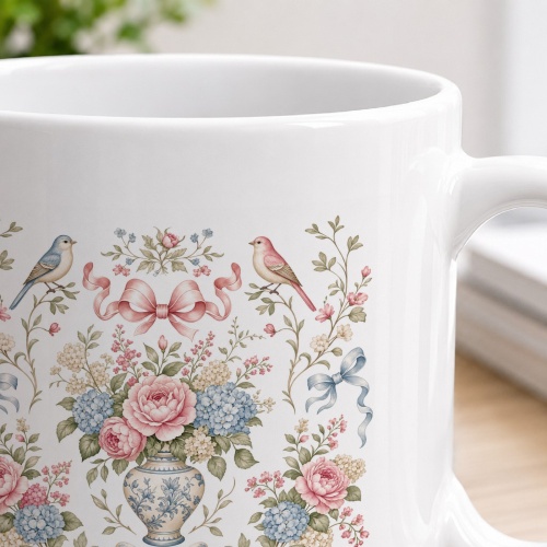 Tasse mit Blumenkranz und Vögeln