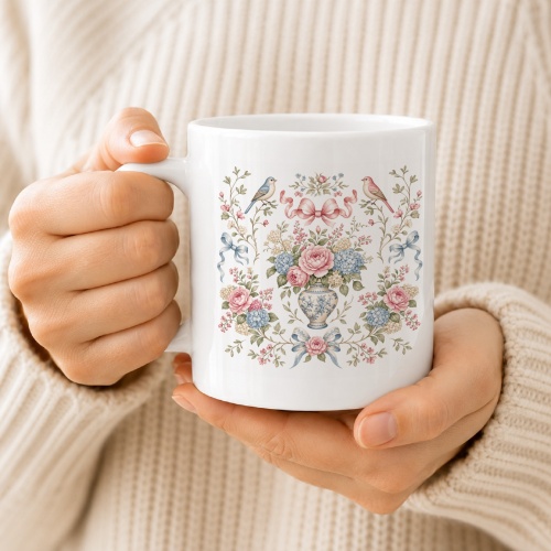 Tasse mit Blumenkranz und Vögeln