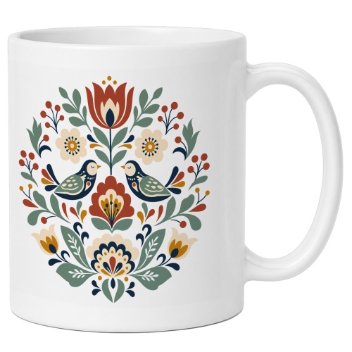 Tasse mit Blumen- und Vogelmotiv
