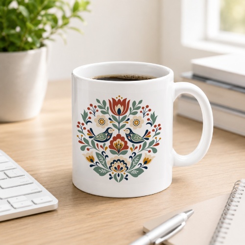 Tasse mit Blumen- und Vogelmotiv