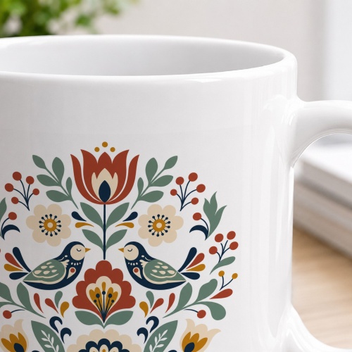 Tasse mit Blumen- und Vogelmotiv