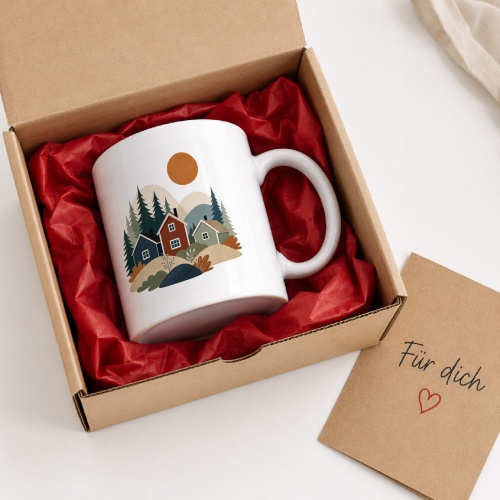 Tasse mit Waldhaus-Motiv