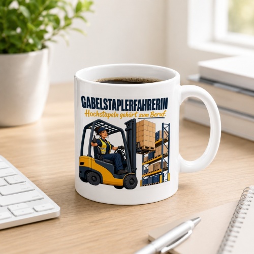 Tasse »Gabelstaplerfahrerin Hochstapeln gehört zum Beruf.«