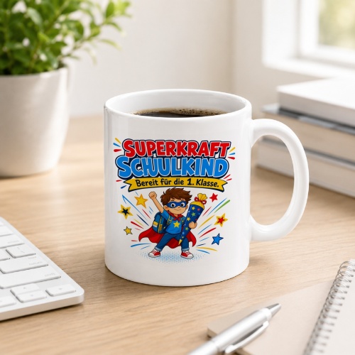 Tasse »Superkraft Schulkind Bereit für die 1. Klasse.«