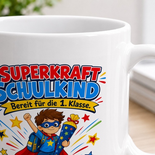 Tasse »Superkraft Schulkind Bereit für die 1. Klasse.«
