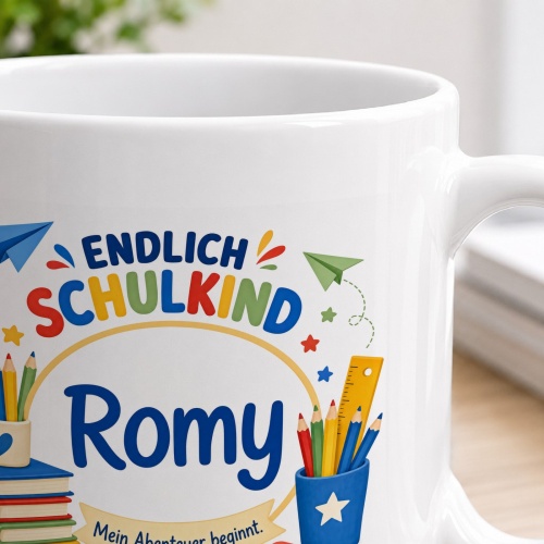 Tasse »Endlich Schulkind Romy Mein Abenteuer beginnt.«