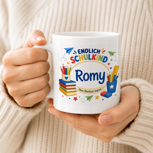 Tasse »Endlich Schulkind Romy Mein Abenteuer beginnt.«