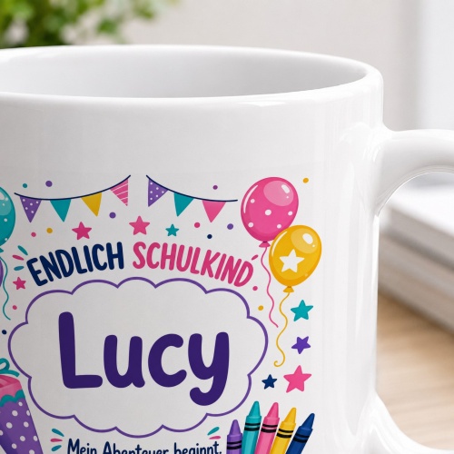 Tasse »Endlich Schulkind Lucy Mein Abenteuer beginnt.«