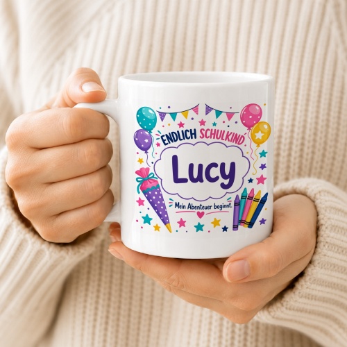 Tasse »Endlich Schulkind Lucy Mein Abenteuer beginnt.«