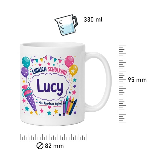 Tasse »Endlich Schulkind Lucy Mein Abenteuer beginnt.«