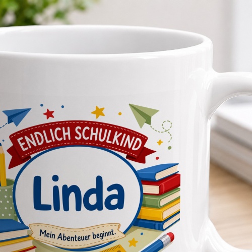 Tasse »Endlich Schulkind Linda Mein Abenteuer beginnt.«