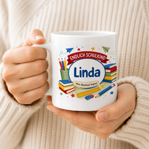 Tasse »Endlich Schulkind Linda Mein Abenteuer beginnt.«
