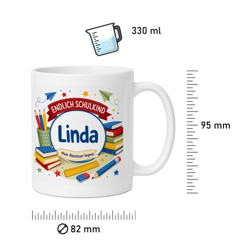 Tasse »Endlich Schulkind Linda Mein Abenteuer beginnt.«