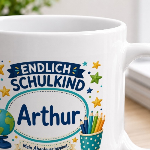 Tasse »Endlich Schulkind Arthur Mein Abenteuer beginnt.«