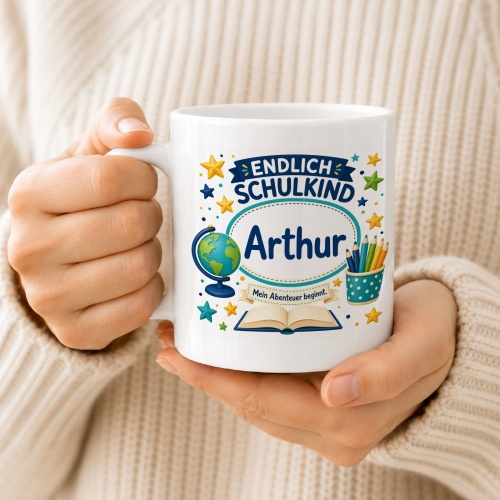 Tasse »Endlich Schulkind Arthur Mein Abenteuer beginnt.«