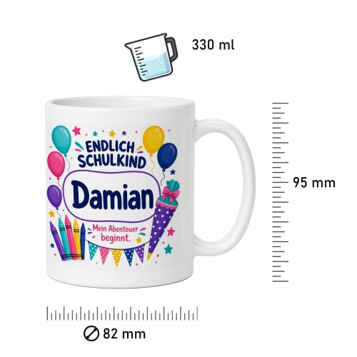 Tasse »Endlich Schulkind Damian Mein Abenteuer beginnt.«