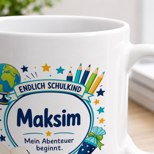 Tasse »Endlich Schulkind Maksim Mein Abenteuer beginnt.«
