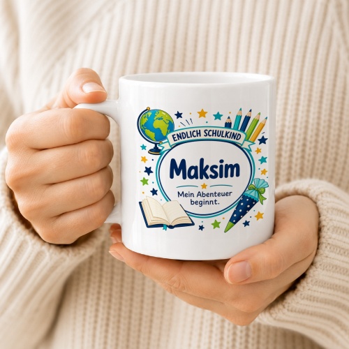 Tasse »Endlich Schulkind Maksim Mein Abenteuer beginnt.«