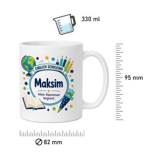 Tasse »Endlich Schulkind Maksim Mein Abenteuer beginnt.«