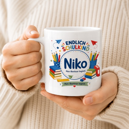 Tasse »Endlich Schulkind Niko Mein Abenteuer beginnt.«