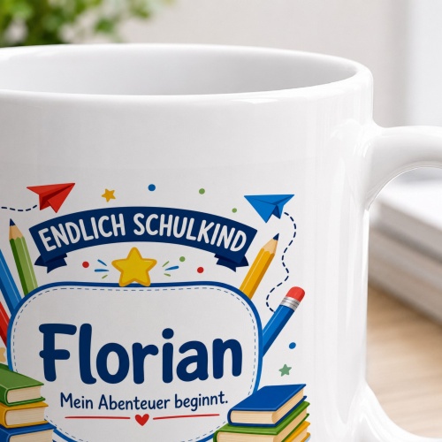 Tasse »Endlich Schulkind Florian Mein Abenteuer beginnt.«